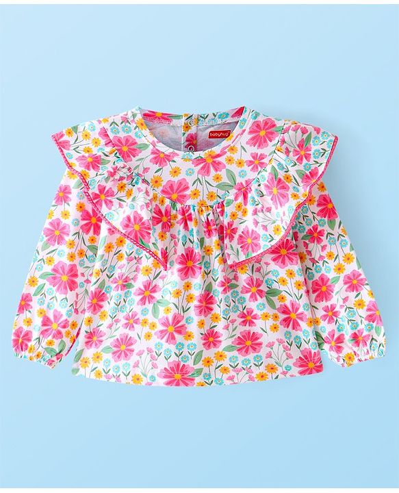 Babyhug Cotton Knit Full Sleeves Top With Frill Detailing Floral Print - Pink