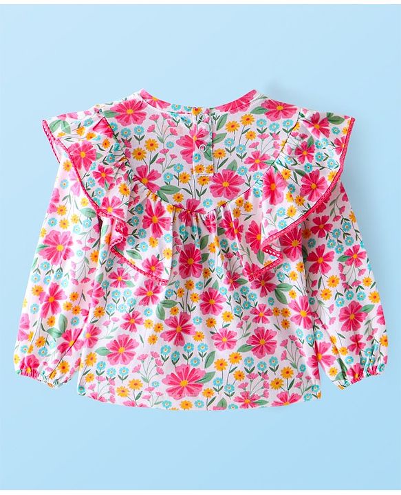 Babyhug Cotton Knit Full Sleeves Top With Frill Detailing Floral Print - Pink