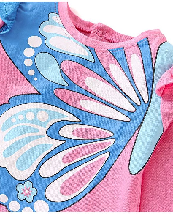 Babyhug Cotton Knit Full Sleeves Butterfly Printed Top with Frill Detailing - Pink