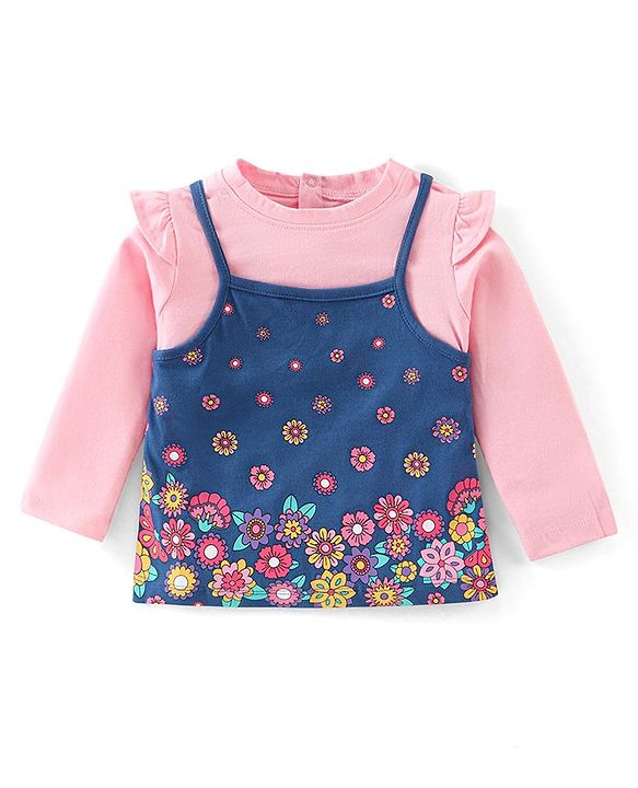 Babyhug Cotton Knit Full Sleeves Top with Floral Print & Frill Detailing - Pink & Blue