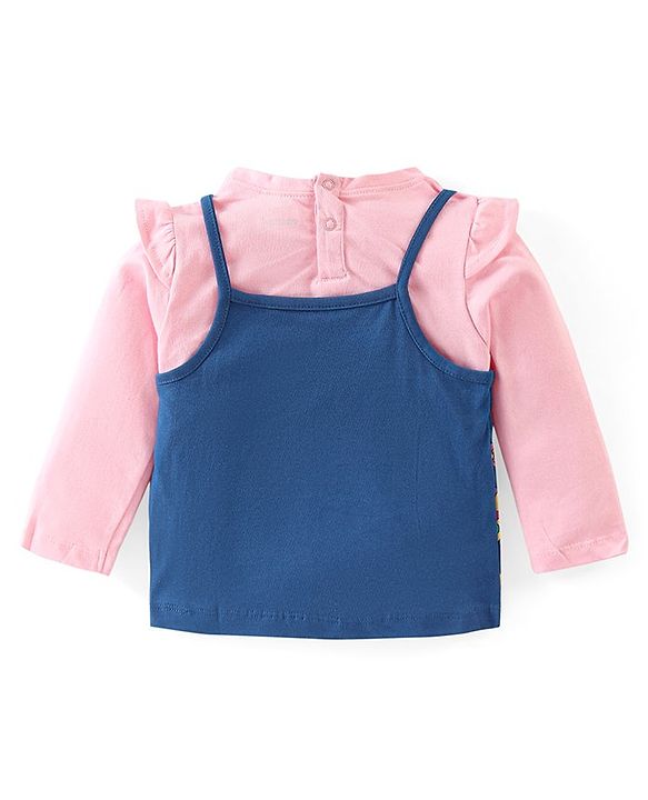 Babyhug Cotton Knit Full Sleeves Top with Floral Print & Frill Detailing - Pink & Blue