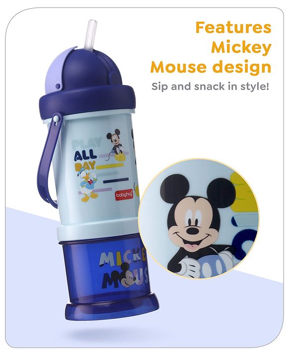 Babyhug Disney Mickey Mouse Print Straw Sipper With Snack Container Blue - 300 ml