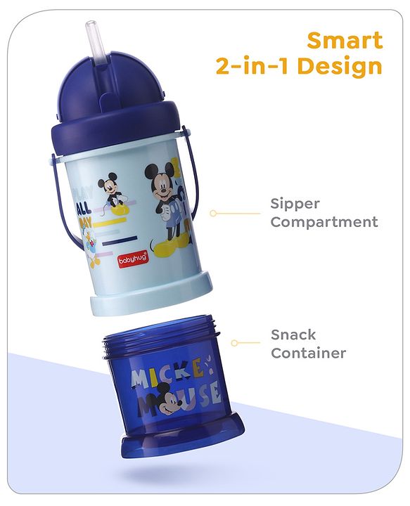 Babyhug Disney Mickey Mouse Print Straw Sipper With Snack Container Blue - 300 ml