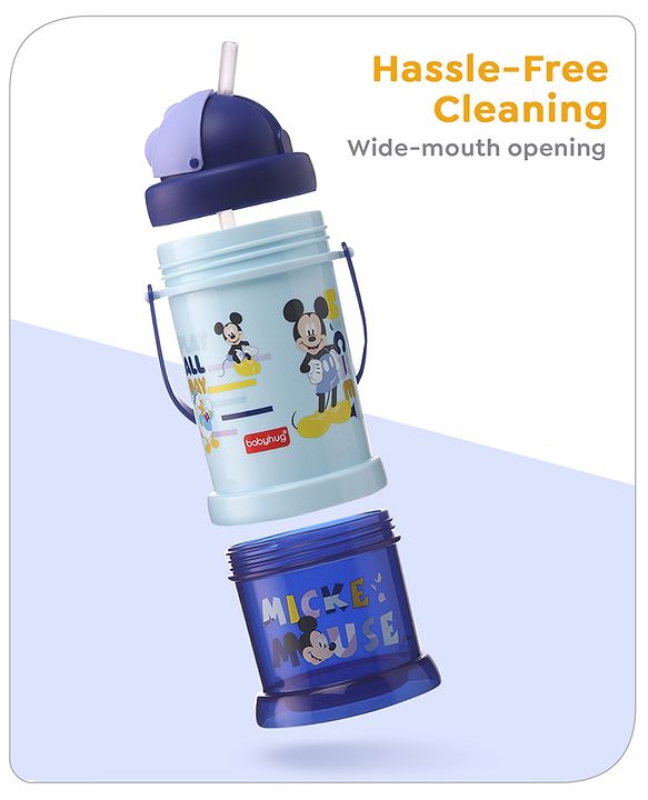 Babyhug Disney Mickey Mouse Print Straw Sipper With Snack Container Blue - 300 ml