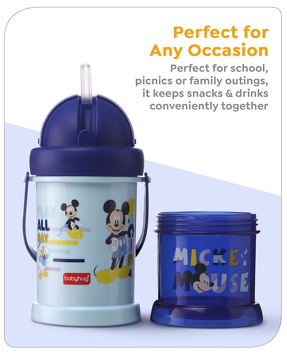 Babyhug Disney Mickey Mouse Print Straw Sipper With Snack Container Blue - 300 ml
