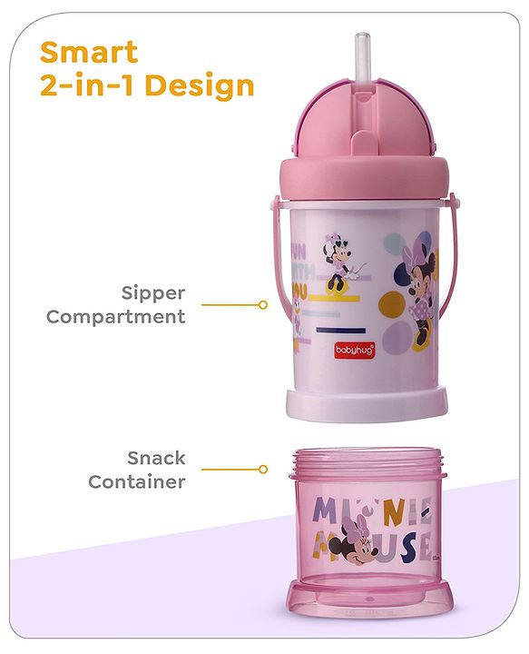 Babyhug Disney Mickey Mouse Print Straw Sipper With Snack Container Blue - 300 ml
