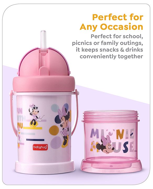 Babyhug Disney Mickey Mouse Print Straw Sipper With Snack Container Blue - 300 ml