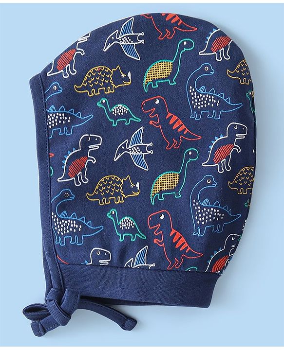 Babyhug 100% Cotton Knit Striped & Dino Printed Caps Pack of 2 - Yellow & Blue