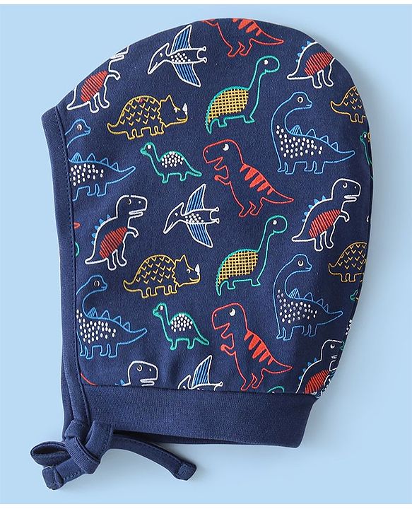Babyhug 100% Cotton Knit Striped & Dino Printed Caps Pack of 2 - Yellow & Blue