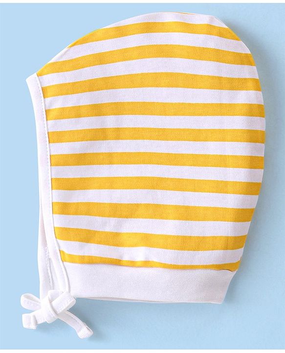 Babyhug 100% Cotton Knit Striped & Dino Printed Caps Pack of 2 - Yellow & Blue