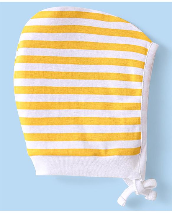 Babyhug 100% Cotton Knit Striped & Dino Printed Caps Pack of 2 - Yellow & Blue