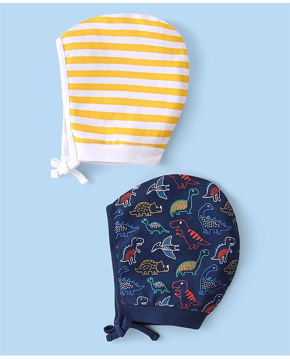 Babyhug 100% Cotton Knit Striped & Dino Printed Bonnet Bonnet Caps Pack of 2 - Yellow & Blue