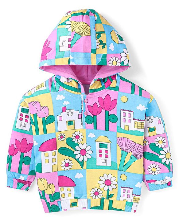 Babyhug Cotton Knit Full Sleeves Hooded Sweatshirt with Floral Print - Pink Blue & Yellow