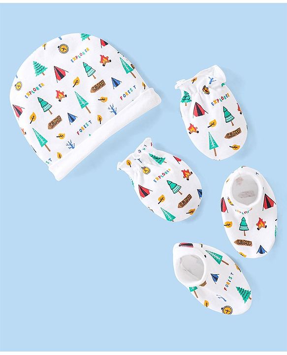 Babyhug Cotton Cap Mittens & Booties with Forest Print White - Diameter 10cm