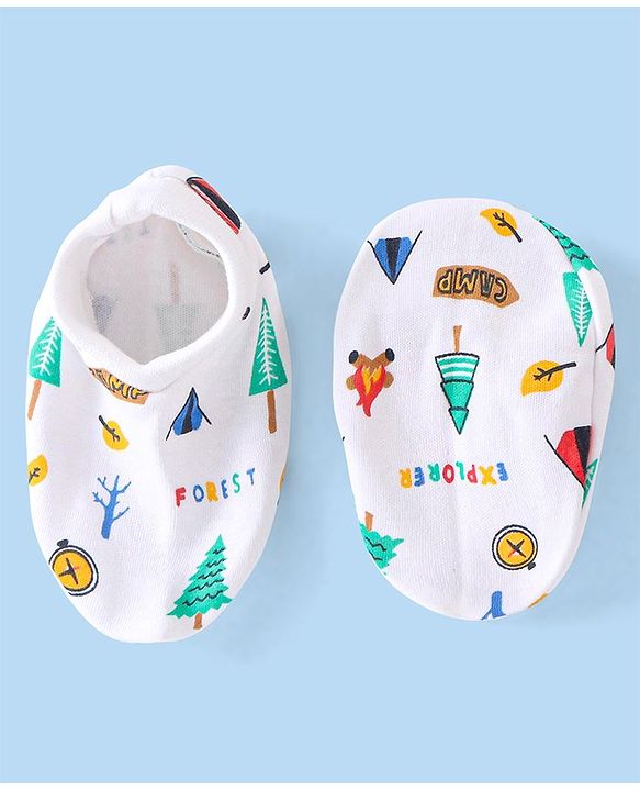 Babyhug Cotton Cap Mittens & Booties with Forest Print White - Diameter 10cm