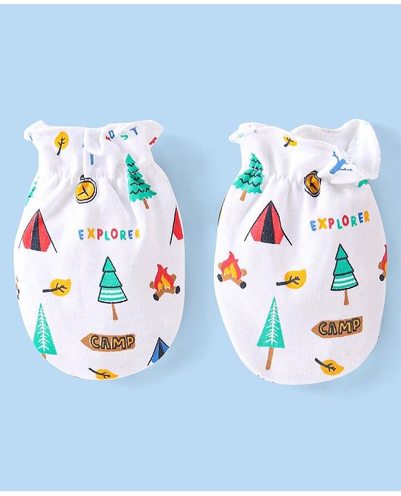 Babyhug Cotton Cap Mittens & Booties with Forest Print White - Diameter 10cm