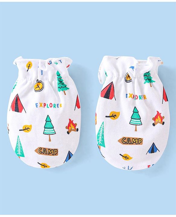 Babyhug Cotton Cap Mittens & Booties with Forest Print White - Diameter 10cm