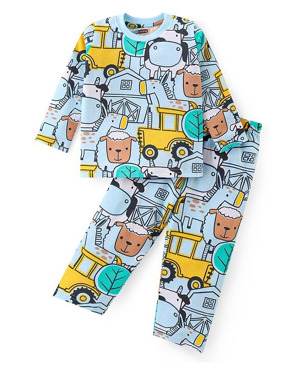 Babyhug Cotton Knit Full Sleeves Night Suit With Animal & Vehicles Print - Light Blue