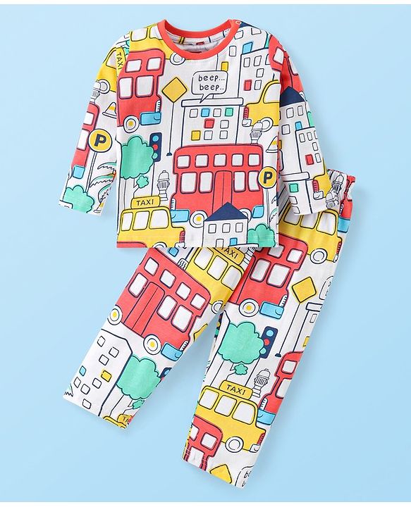 Babyhug Cotton Knit Full Sleeves Night Suit With Vehicles Print - Off White