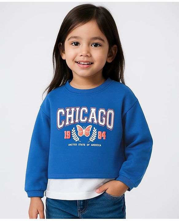 Babyhug Cotton Knit Full Sleeves Crop Sweatshirt with Inner Top Chicago Print - Blue