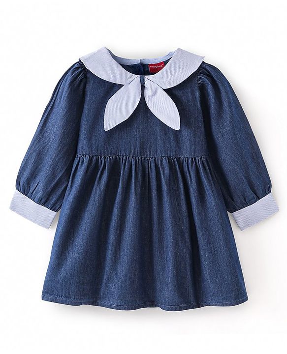 Babyhug Cotton Knit Full Sleeves Solid Colour Sailor Neck Frock With Collar  Detailing - Blue