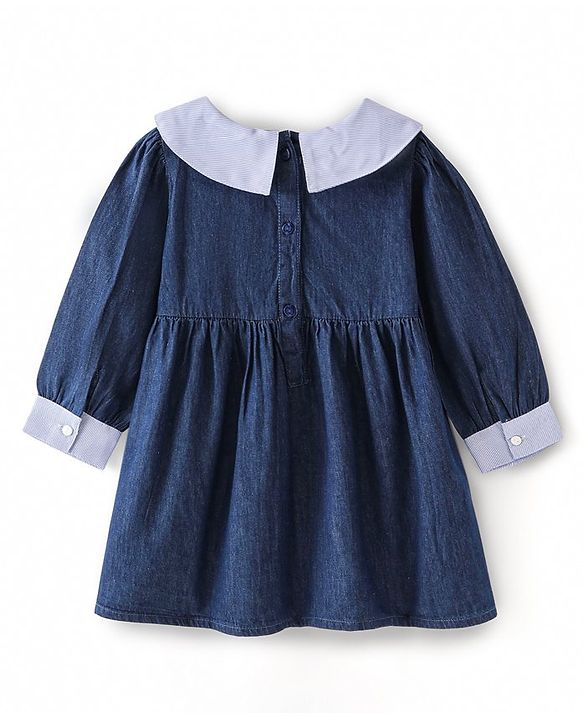 Babyhug Cotton Knit Full Sleeves Solid Colour Sailor Neck Frock With Collar  Detailing - Blue