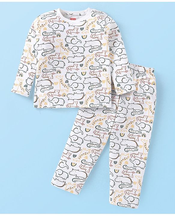 Babyhug Cotton Knit Full Sleeves Night Suit With Animals Print - White