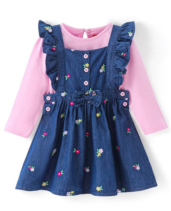 Babyhug Cotton Woven Full Sleeves T-Shirt with Floral Embroidered Frock - Navy Blue & Pink