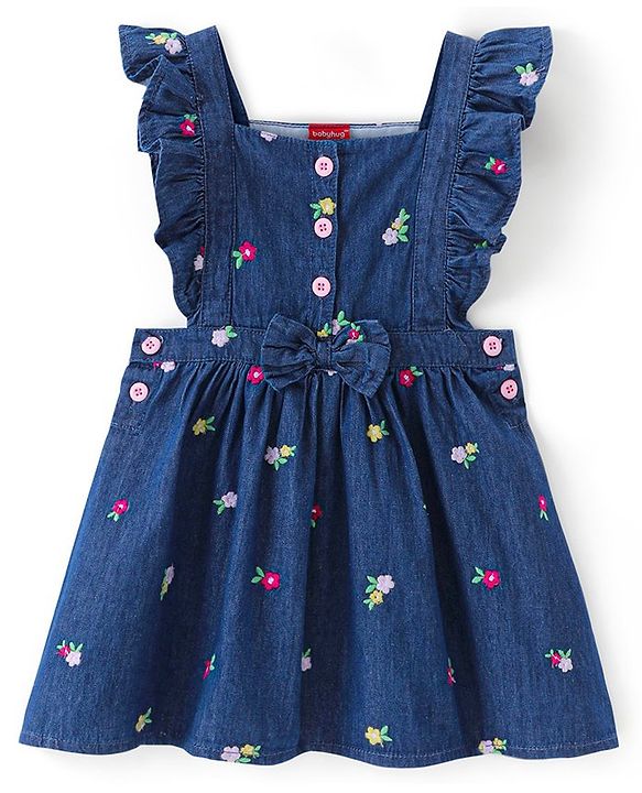 Babyhug Cotton Woven Full Sleeves T-Shirt with Floral Embroidered Frock - Navy Blue & Pink