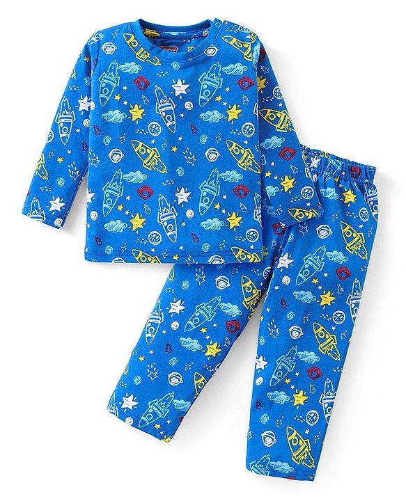 Babyhug Cotton Knit Full Sleeves Night Suit With Space Theme Print - Blue
