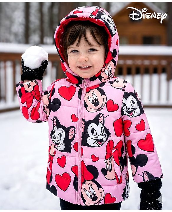 Babyhug Disney Woven Full Sleeves Padded Hooded Jacket with Minnie Mouse & Friends Graphics - Pink
