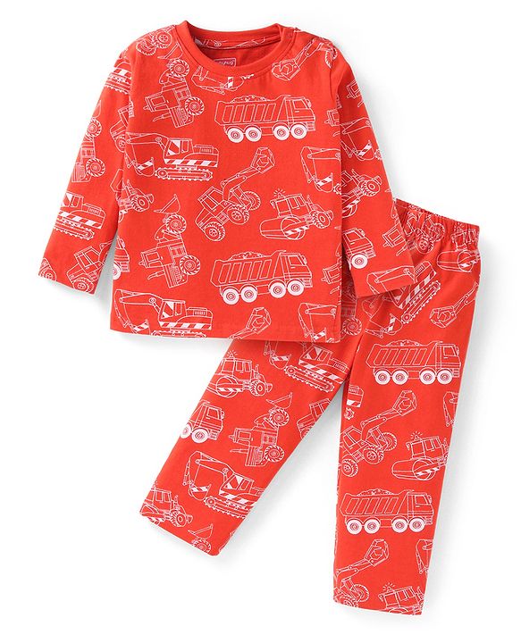 Babyhug Cotton Knit Full Sleeves Night Suit With Construction Vehicles Print - Red