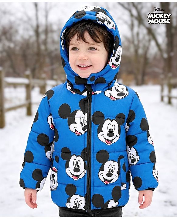 Babyhug Disney Woven Full Sleeves Padded Hooded Jacket with Mickey Mouse Graphics - Blue