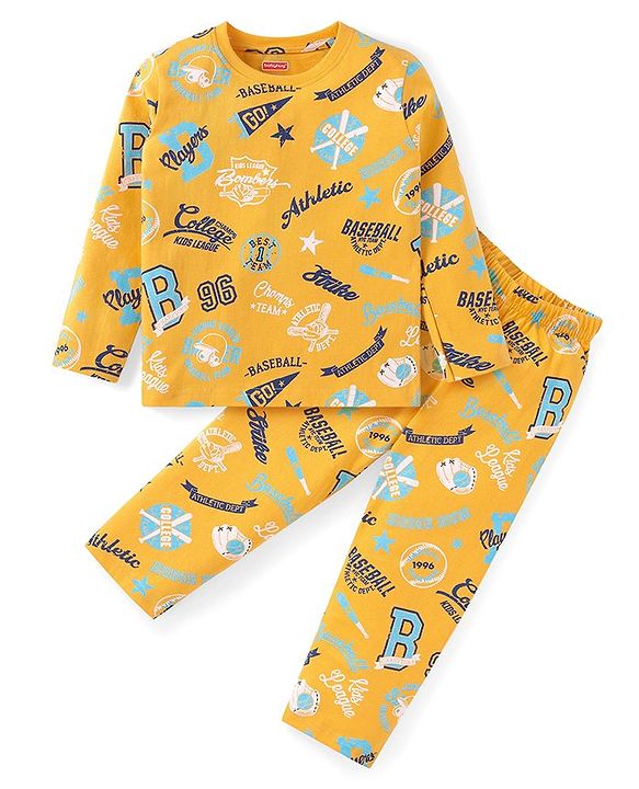 Babyhug Cotton Knit Full Sleeves Night Suit with Text & Varsity Print - Mustard
