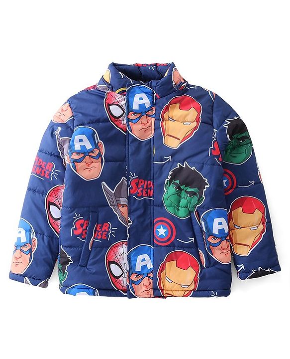 Pine Kids Marvel Woven Full Sleeves Padded Jacket with Detachable Hood & Avengers Graphics - Navy Blue