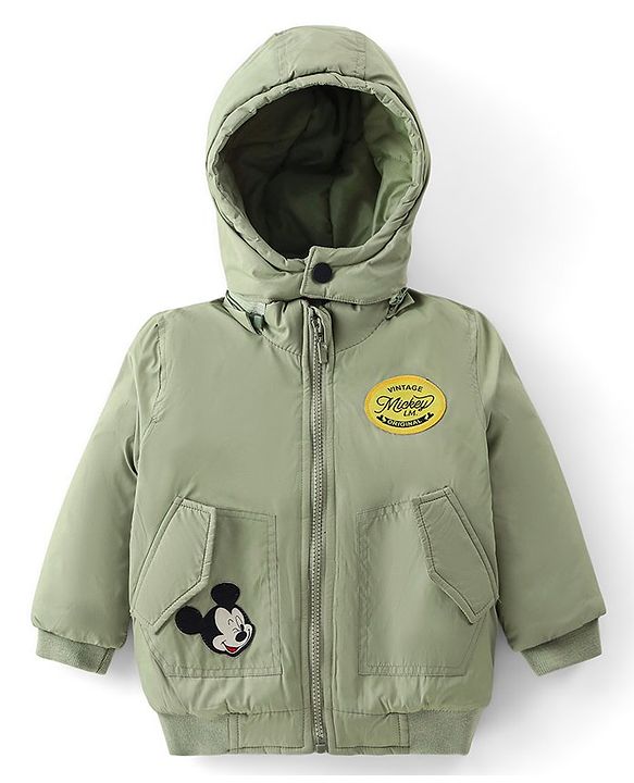 Babyhug Disney Woven Full Sleeves Padded Jacket with Detachable Hood &  Mickey Mouse Patch Detailing - Olive Green
