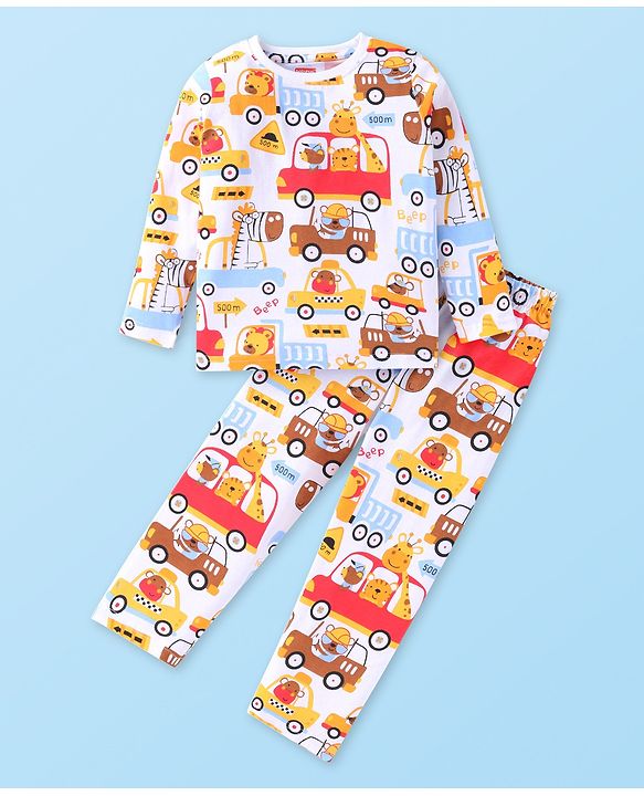 Babyhug Cotton Knit Full Sleeves Night Suit With Vehicle Print - White