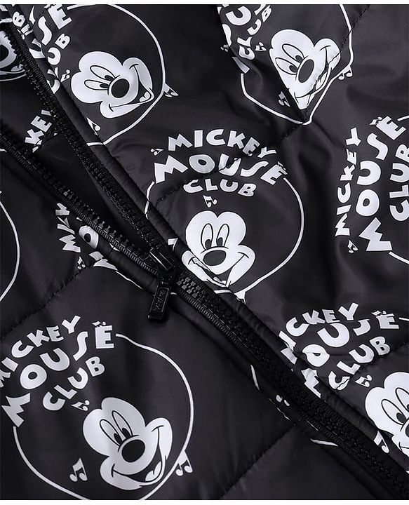 Pine Kids Disney Woven Full Sleeves Padded Hooded Jacket with Mickey Mouse Graphics - Black