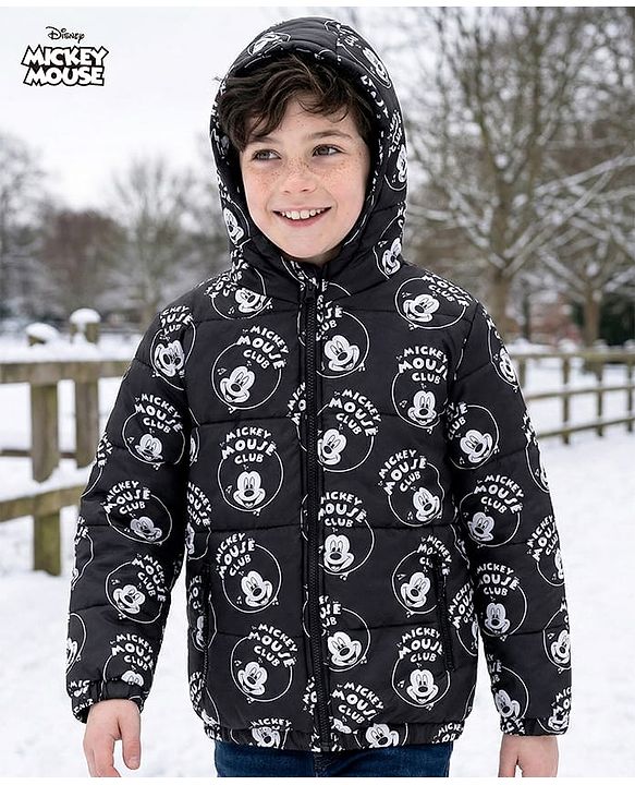 Pine Kids Disney Woven Full Sleeves Padded Hooded Jacket with Mickey Mouse Graphics - Black