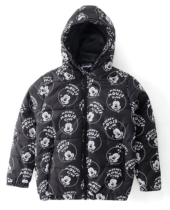 Pine Kids Disney Woven Full Sleeves Padded Hooded Jacket with Mickey Mouse Graphics - Black