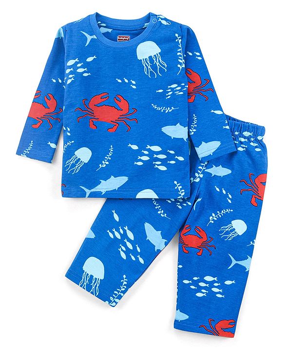 Babyhug Cotton Knit Full Sleeves Night Suit Rocket Print - Blue