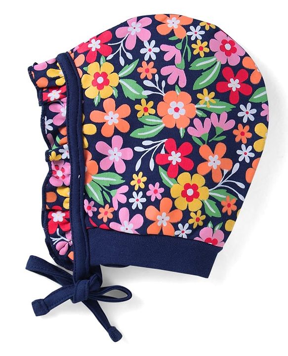 Babyhug 100% Cotton Knit Caps with Polka Dots & Floral Print Pack of 2 - Pink & Navy Blue