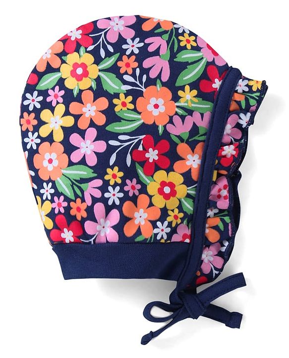 Babyhug 100% Cotton Knit Caps with Polka Dots & Floral Print Pack of 2 - Pink & Navy Blue