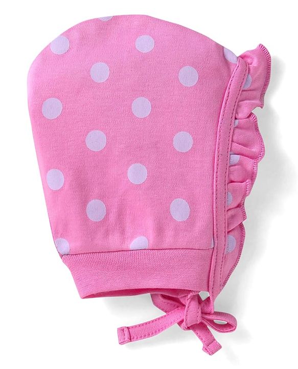 Babyhug 100% Cotton Knit Caps with Polka Dots & Floral Print Pack of 2 - Pink & Navy Blue