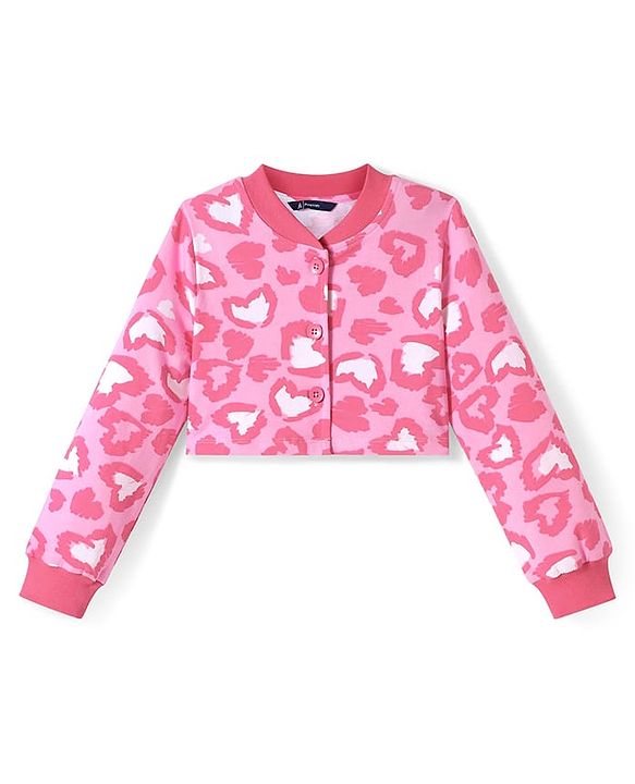 Pine Kids Cotton Knit Full Sleeves Hearts Printed Jacket with Solid Color Frock - Dark Pink