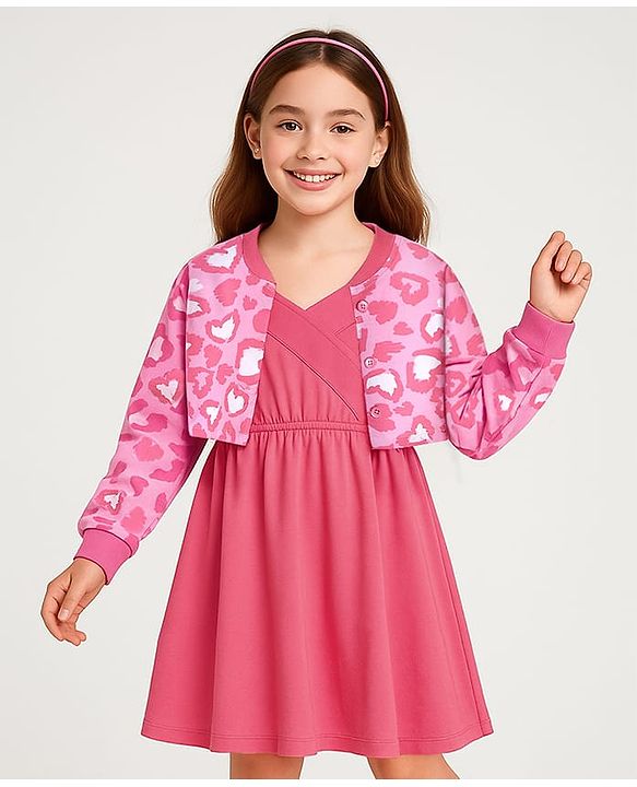 Pine Kids Cotton Knit Full Sleeves Hearts Printed Jacket with Solid Color Frock - Dark Pink