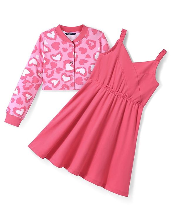 Pine Kids Cotton Knit Full Sleeves Hearts Printed Jacket with Solid Color Frock - Dark Pink
