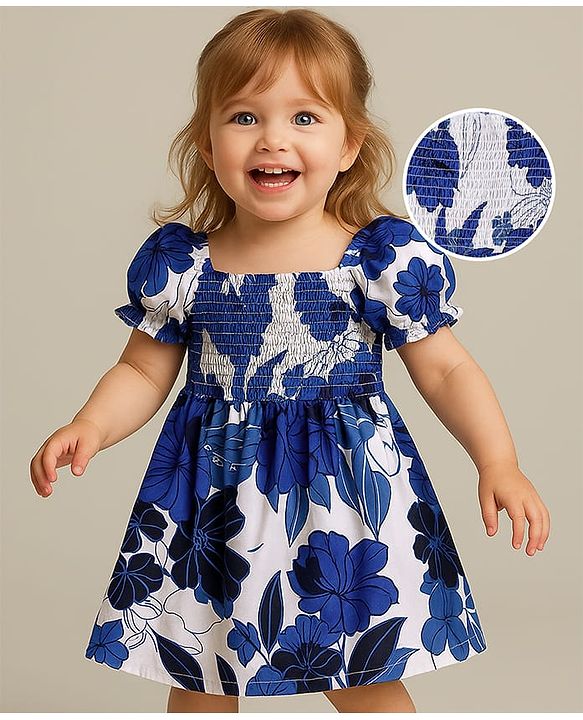 Babyhug Poplin Woven Half Sleeves Frock with Smocking Detailing & Floral Print - White & Navy