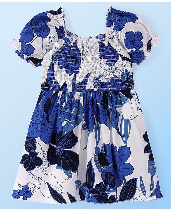 Babyhug Poplin Woven Half Sleeves Frock with Smocking Detailing & Floral Print - White & Navy