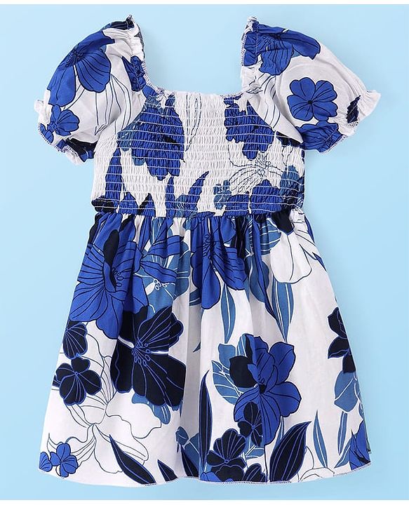 Babyhug Poplin Woven Half Sleeves Frock with Smocking Detailing & Floral Print - White & Navy